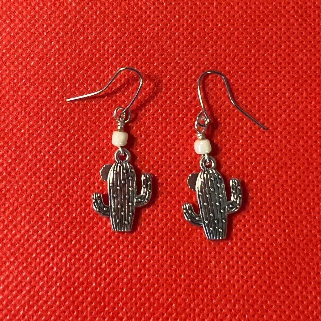 Cactus With White Glass Seed Beads Silver Tone French Hook Pierced Earrings